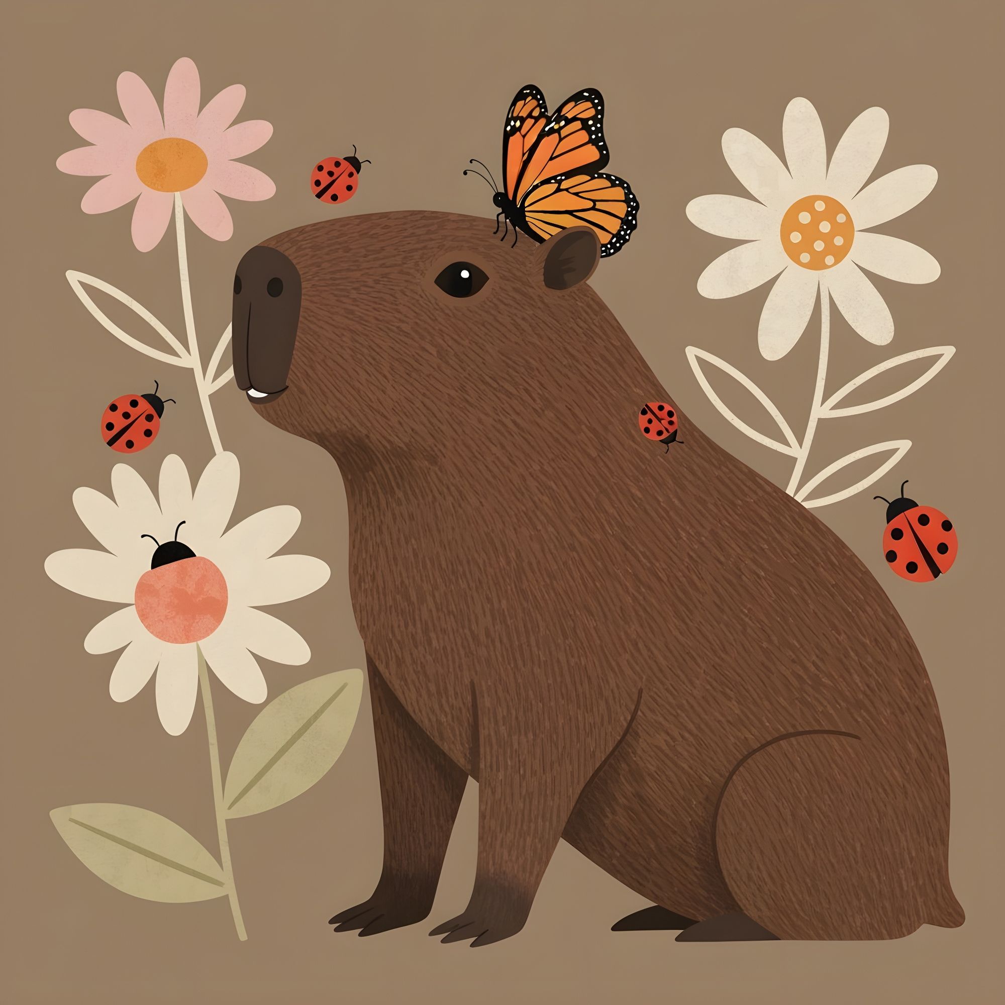 Brown capybara with a monarch butterfly sitting on its nose surrounded by whimsical flowers and ladybugs, Folksy, Whimsical, Folk art, Illus...