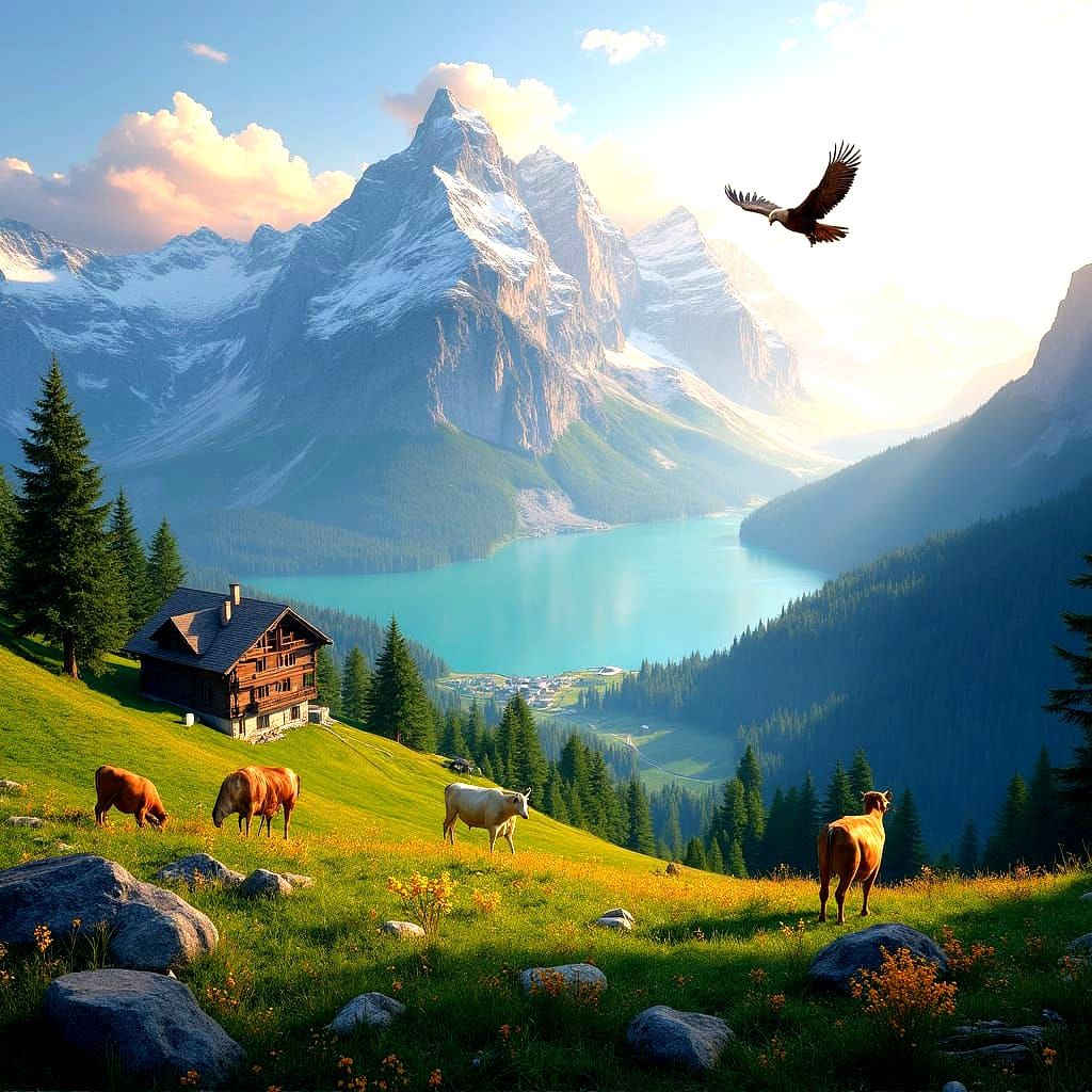 A breathtaking naturalistic landscape of the Swiss Alps at sunrise — snow-capped peaks glowing with soft ...  by @Ariana do Migro 