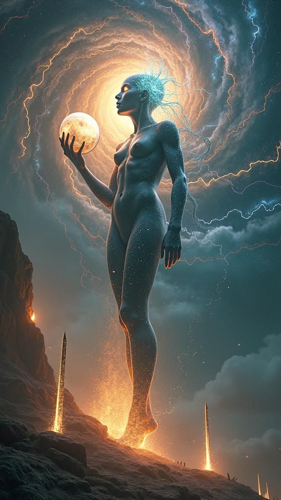 Create, otherworldly representation of death as an enigmatic, transformative force woven into the fabric of the universe.