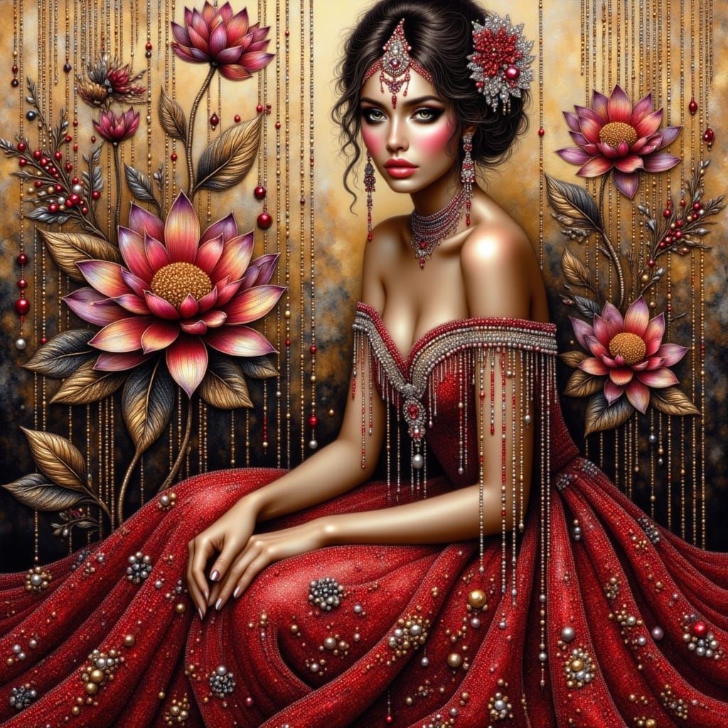 Velvety Mixed colors oil painting watercolor, Metallic golden red and black background decorated with vertical thin pearl chain beautiful go...