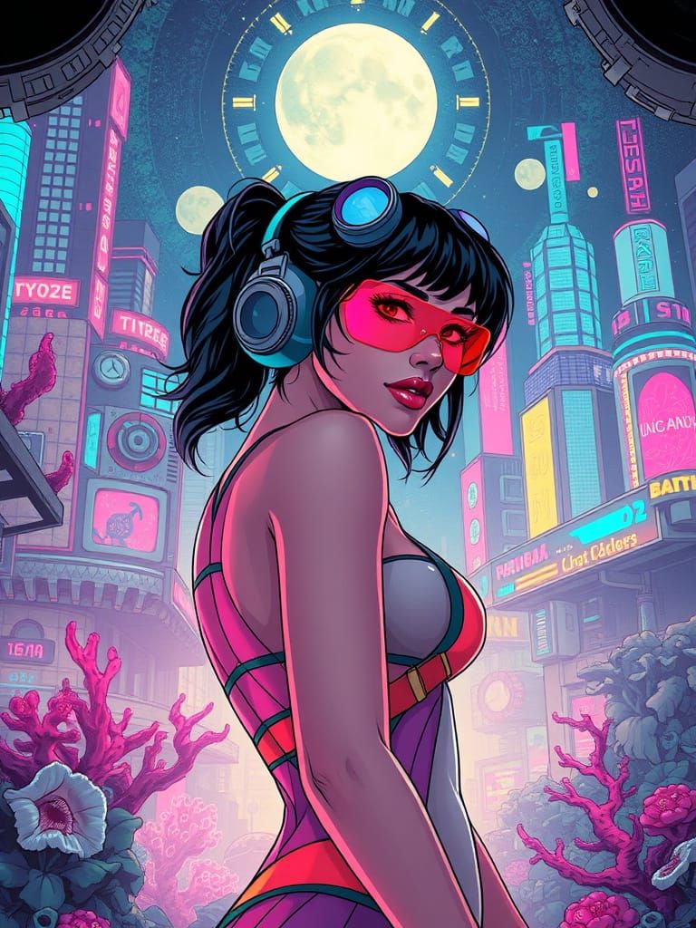 Cyberpunk Woman in Bioluminescent Coral City