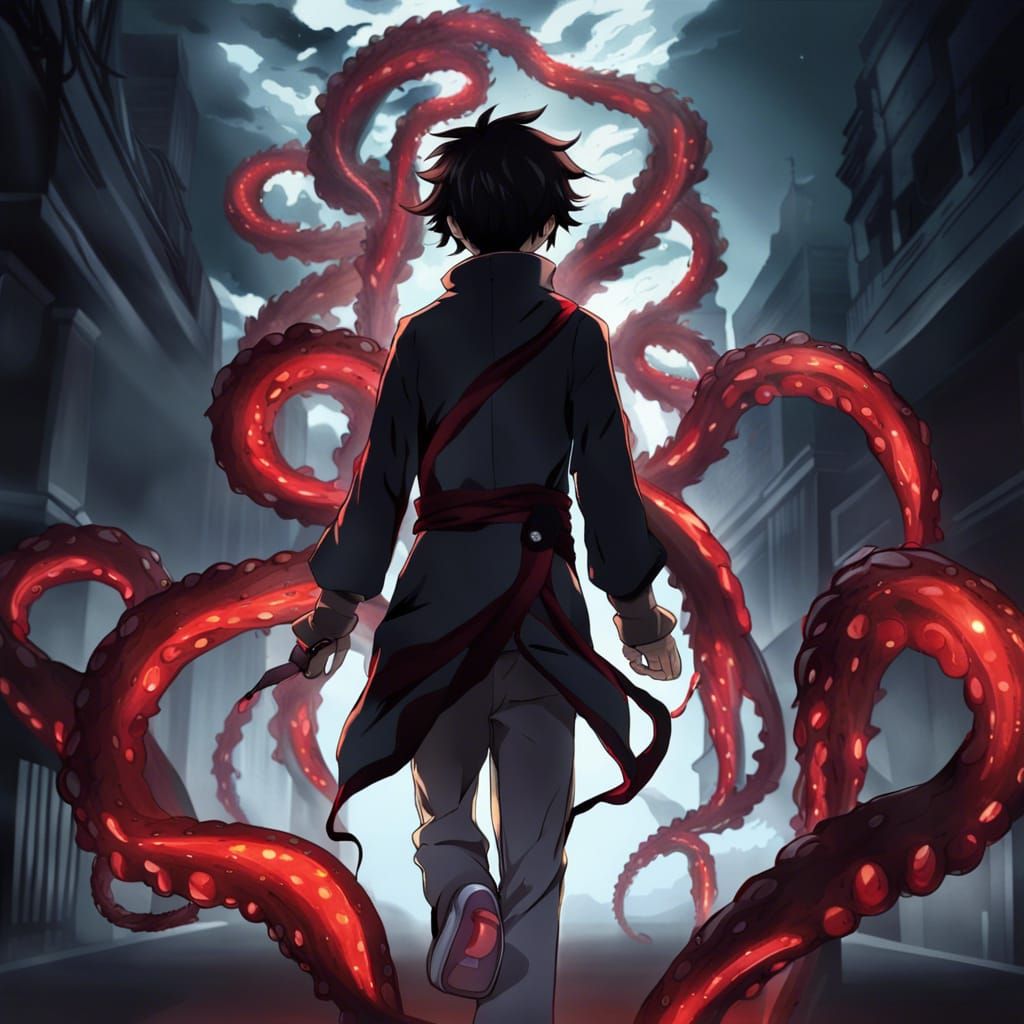 A humanoid boy walking as tentacles and darkness rises from ...