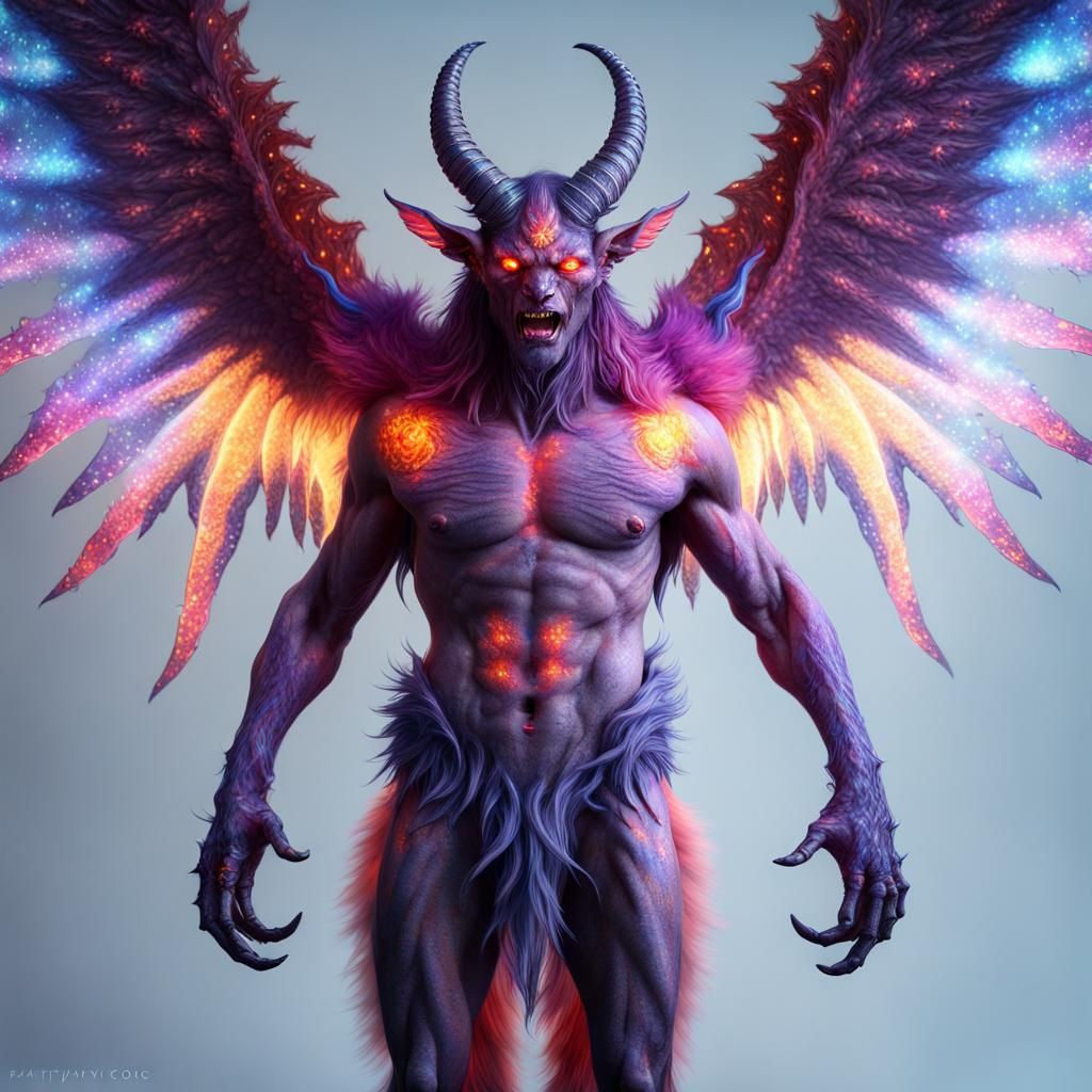 large full body demon winged centaur demon, large sparking eyes ...