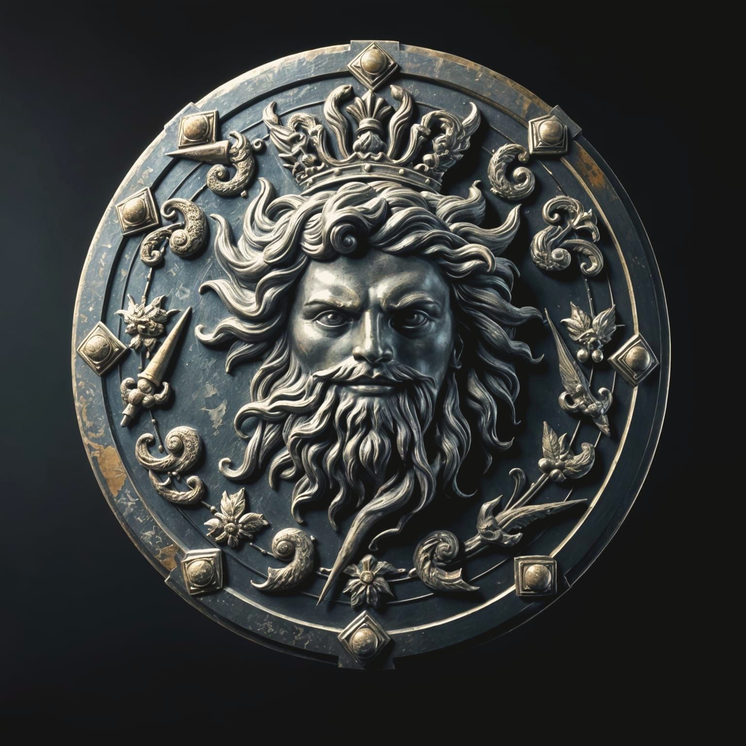 Roman god of protection Jupiter on a shield crafted from dark-stained iron.  by @Brrrneow