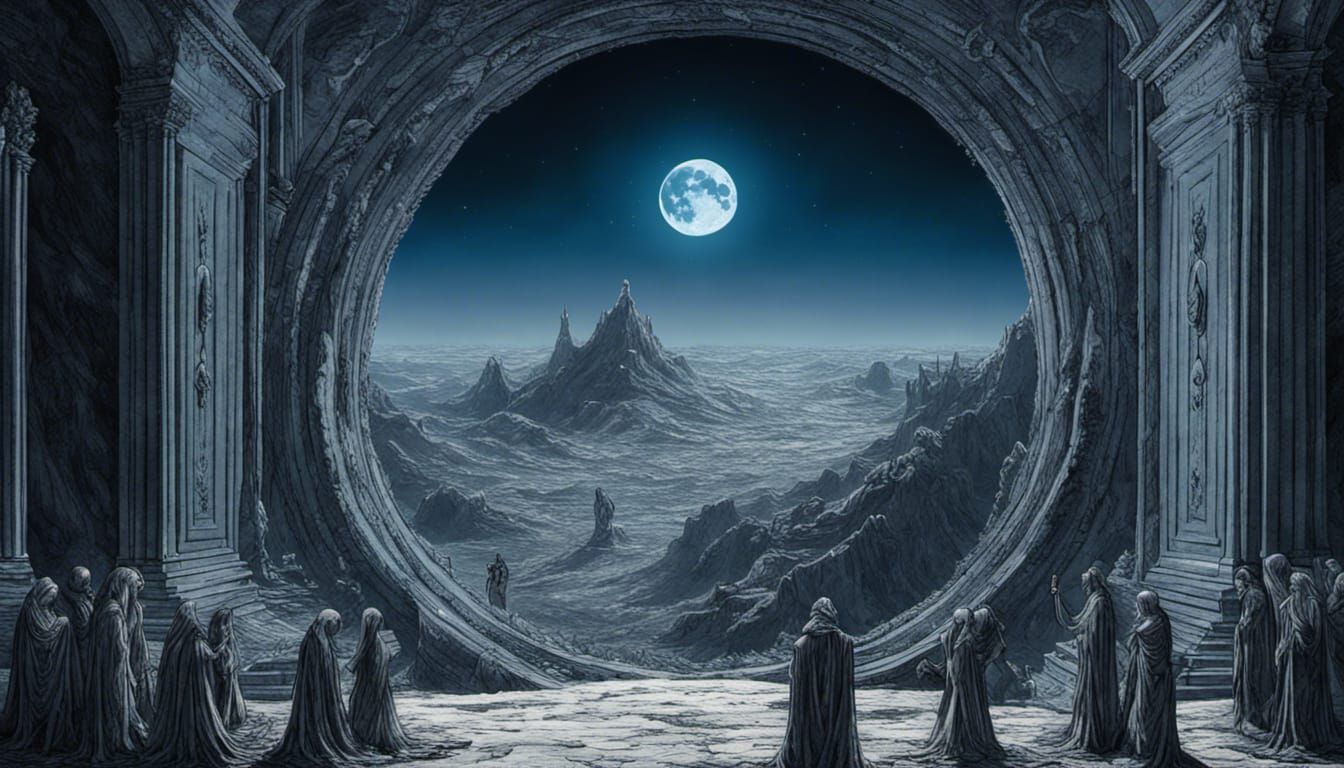 "moon rests on a mountain with people entering the moon"  8k...