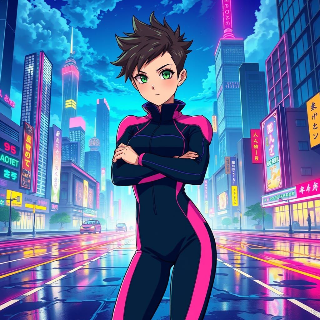 Heroic Anime-Inspired Goddess in Neon Dreamscape