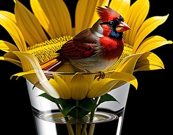 Cardinal perched on a sunflower #5