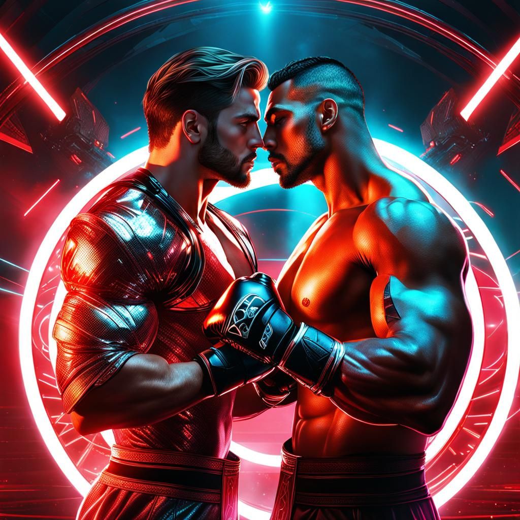 futuristic fighting ring, two handsome men, boxers with neon...