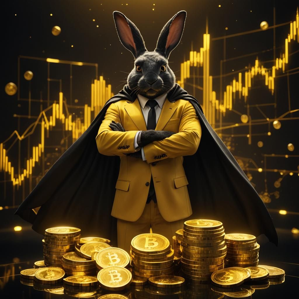 epic, cinematic scene featuring a black rabbit with an adult man-like body frame, standing heroically. The rabbit has a normal, well-proport...