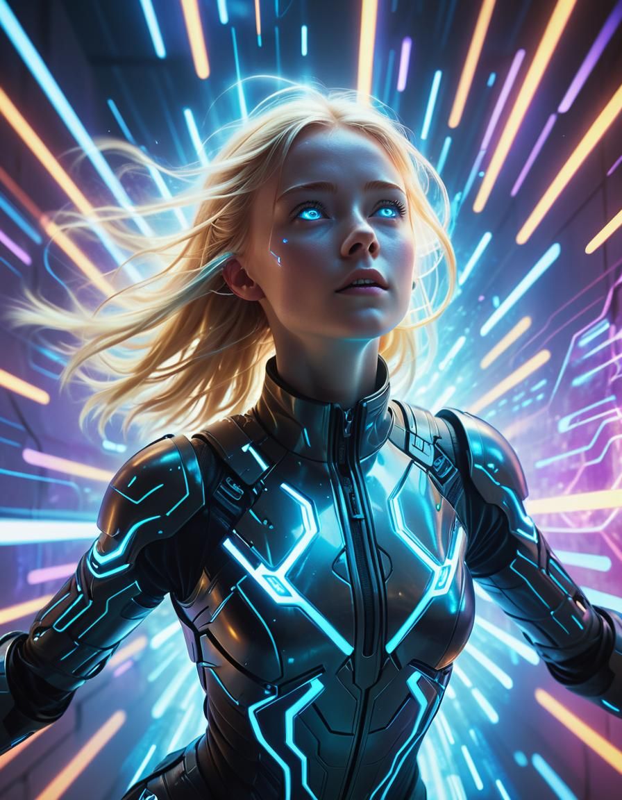 A very beautiful woman with blond hair blue eyes standing in between a wall of light covering her. She is levitating in the air.

Hyperdetai...