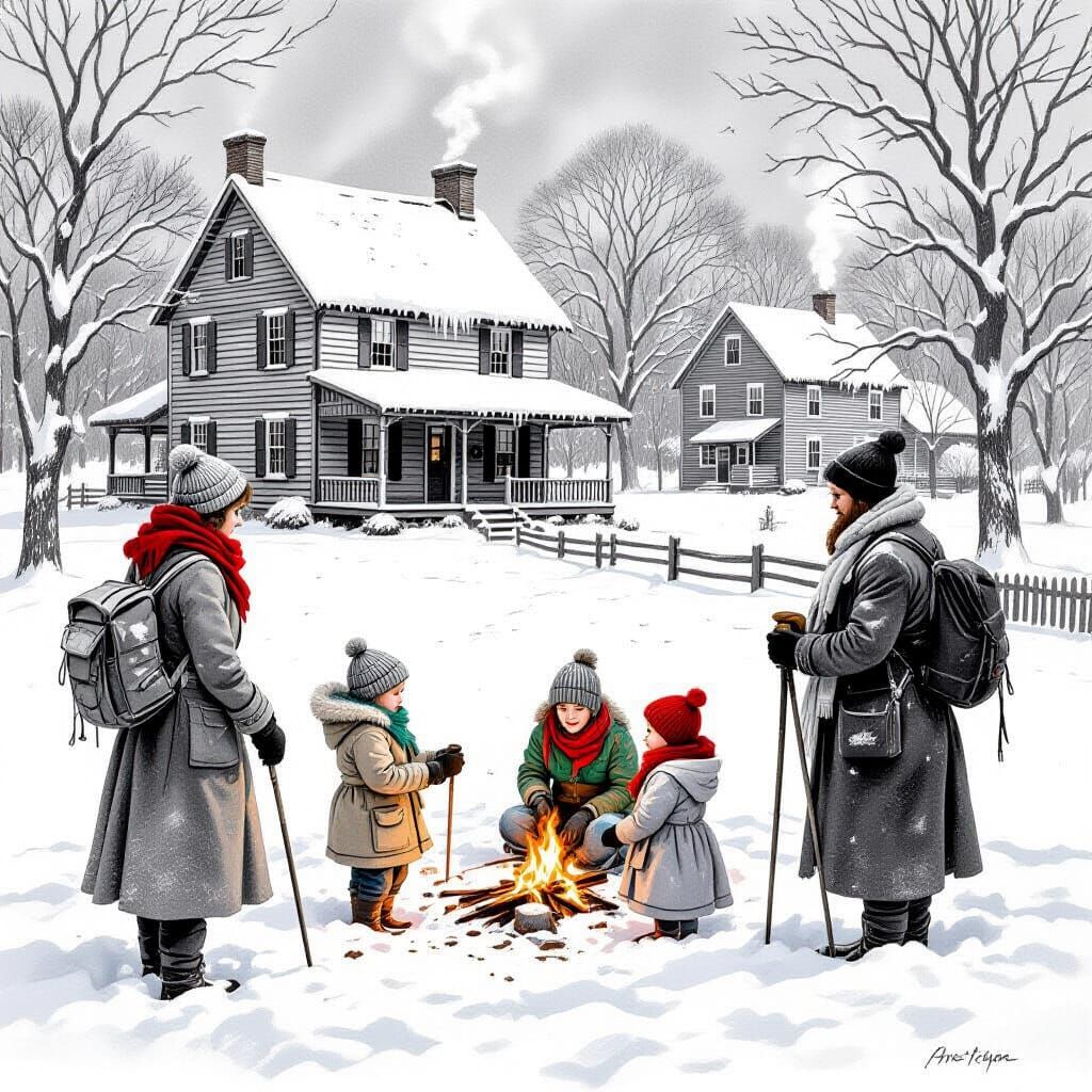 Woman Braving Winter with Warm Household in 1800s America