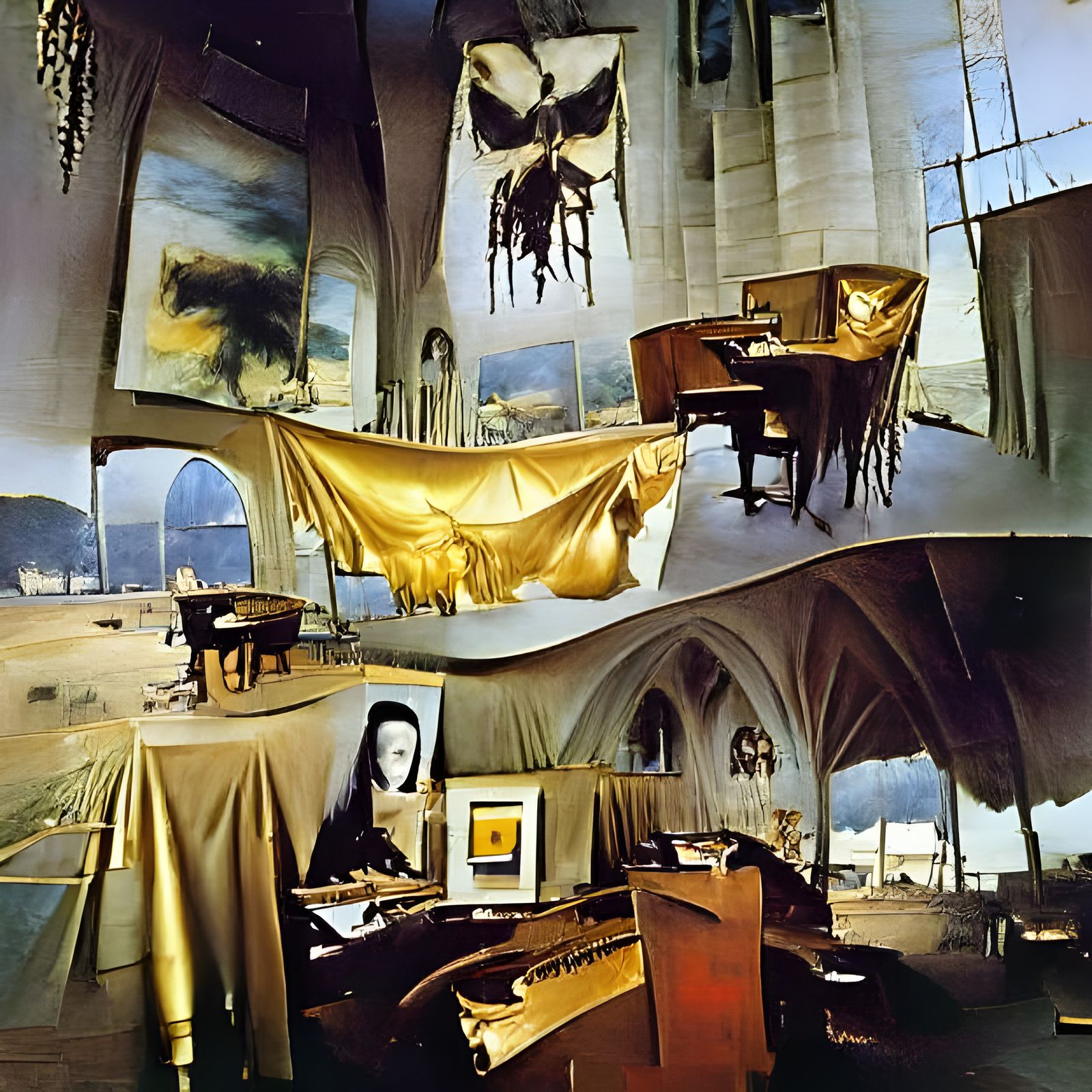 gothic church interior, piano, desks, drapes, golden, Dali, ...