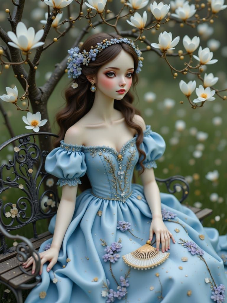 <lora:BlytheDoll:1.0> 

A brunette beauty in a sky-blue silk dress with puffed sleeves and embroidered violets, sitting beside a wrought-iro...