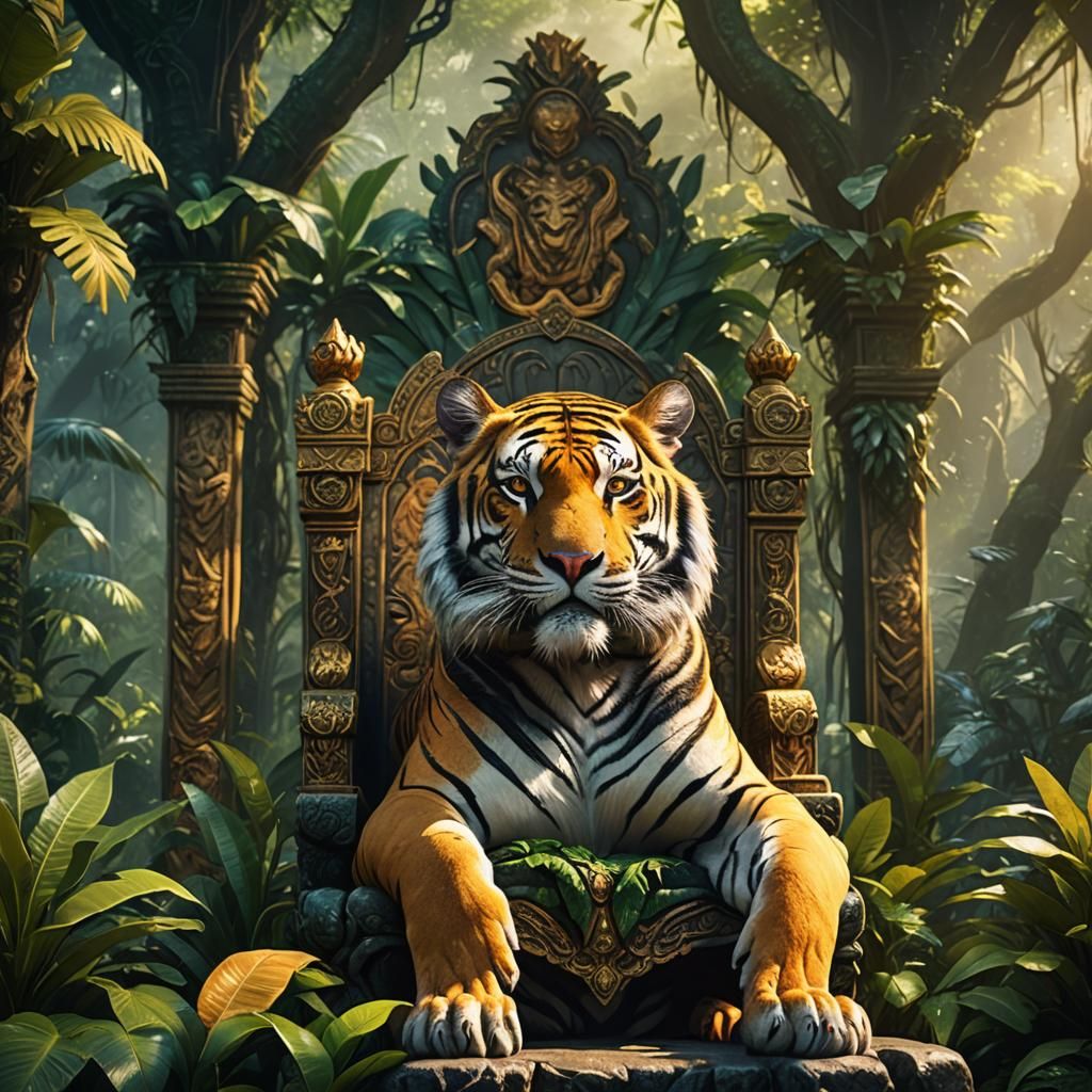 Mythical Smiling Tiger on Jungle Throne