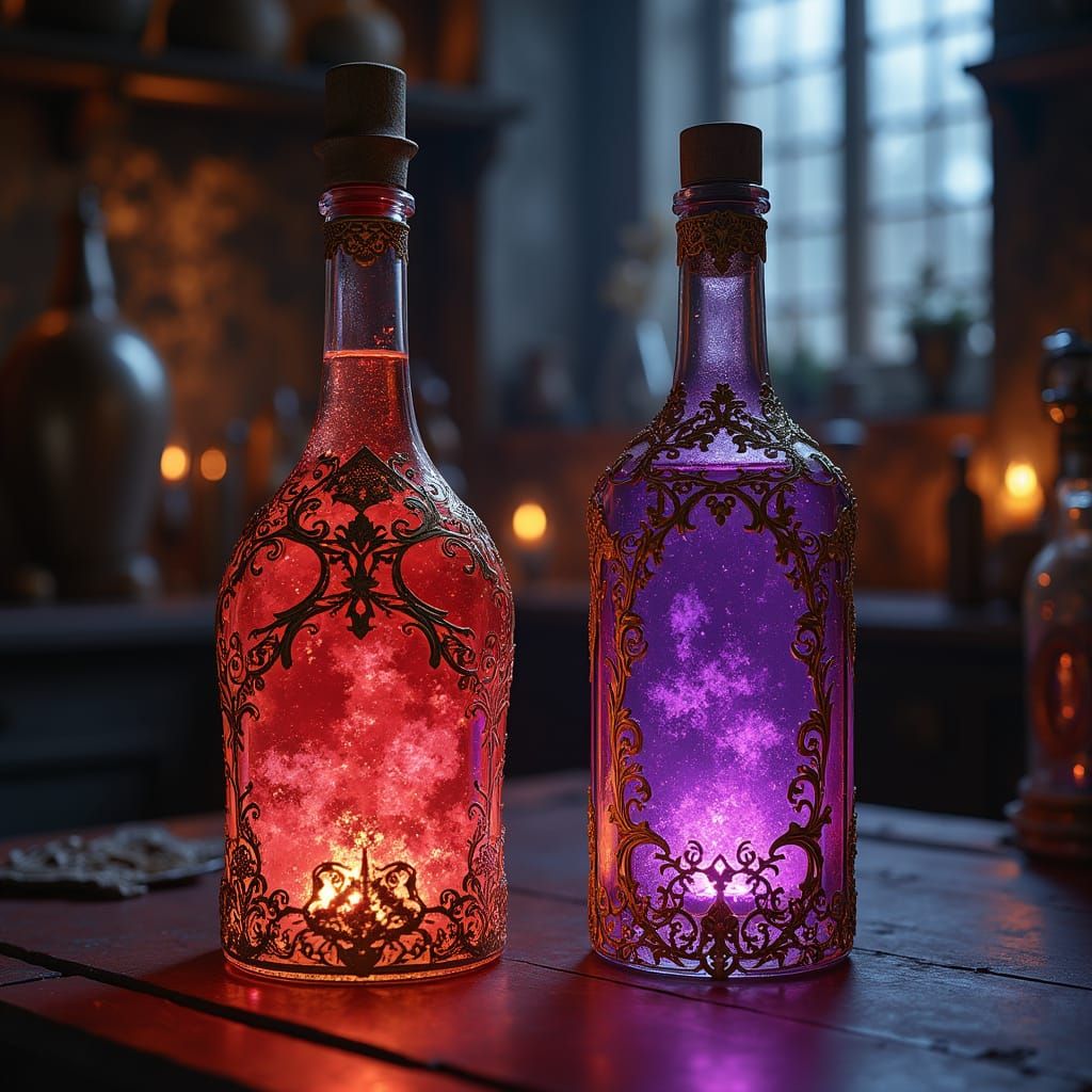 Elegant fantasy wine bottles, one filled with a neon red liquid and one with a neon purple liquid, medieval alchemy, fine Spirits