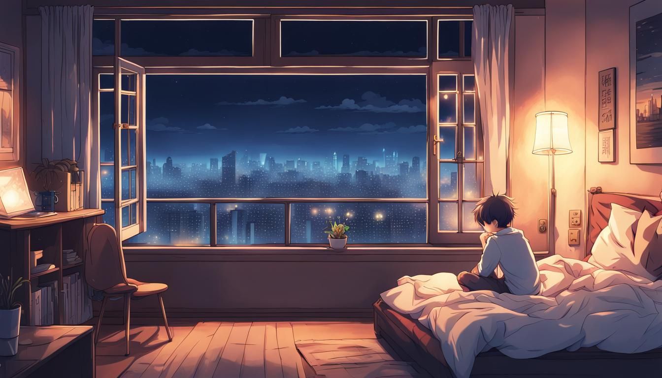 Lofi style very high quality clear image, dreamy, boy at nig...