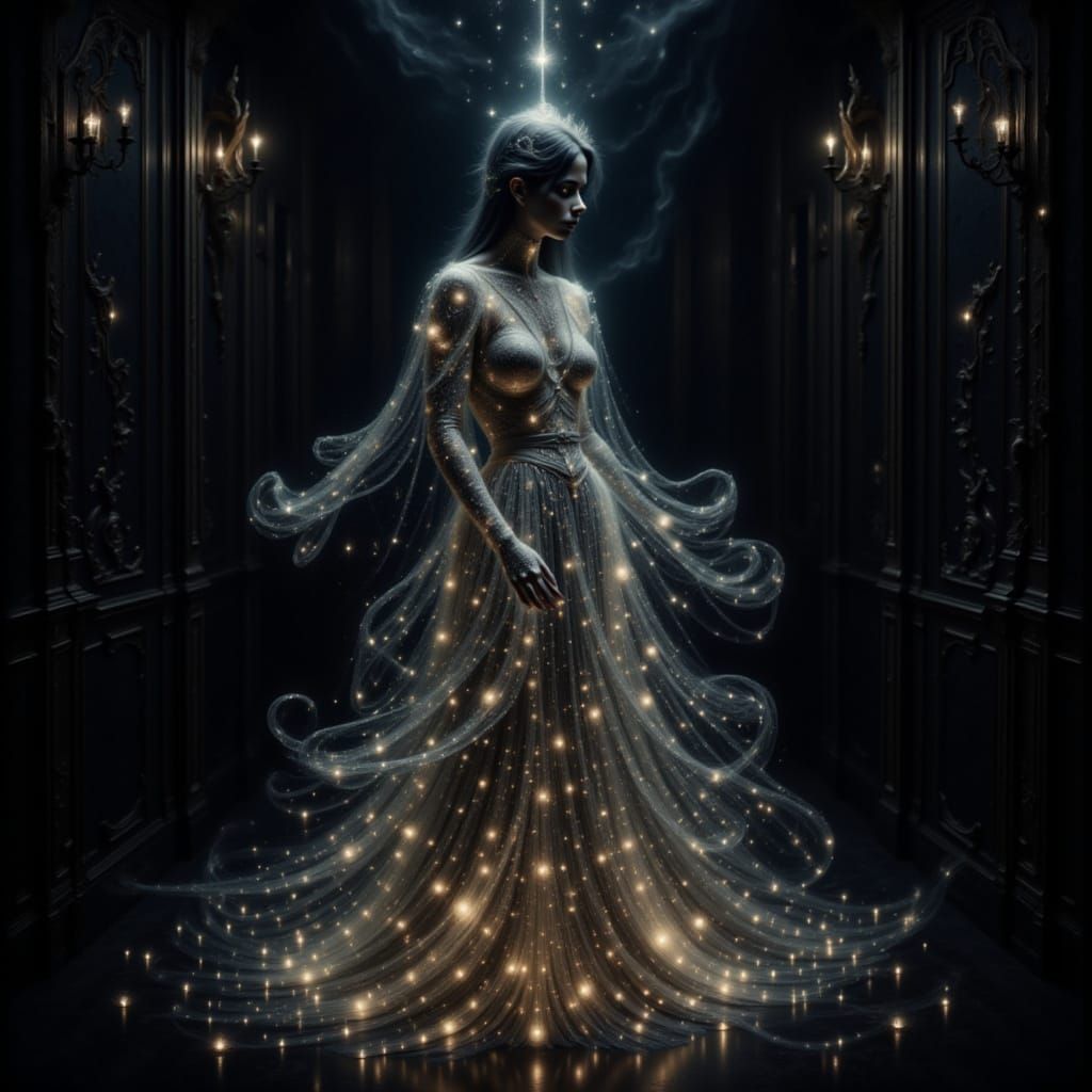 <lora:Darkspark Intensity:1.0> Glowing dynamic dancing spirit woman in a dark room in a Victorian dress, glowing ghost woman in a dark black...