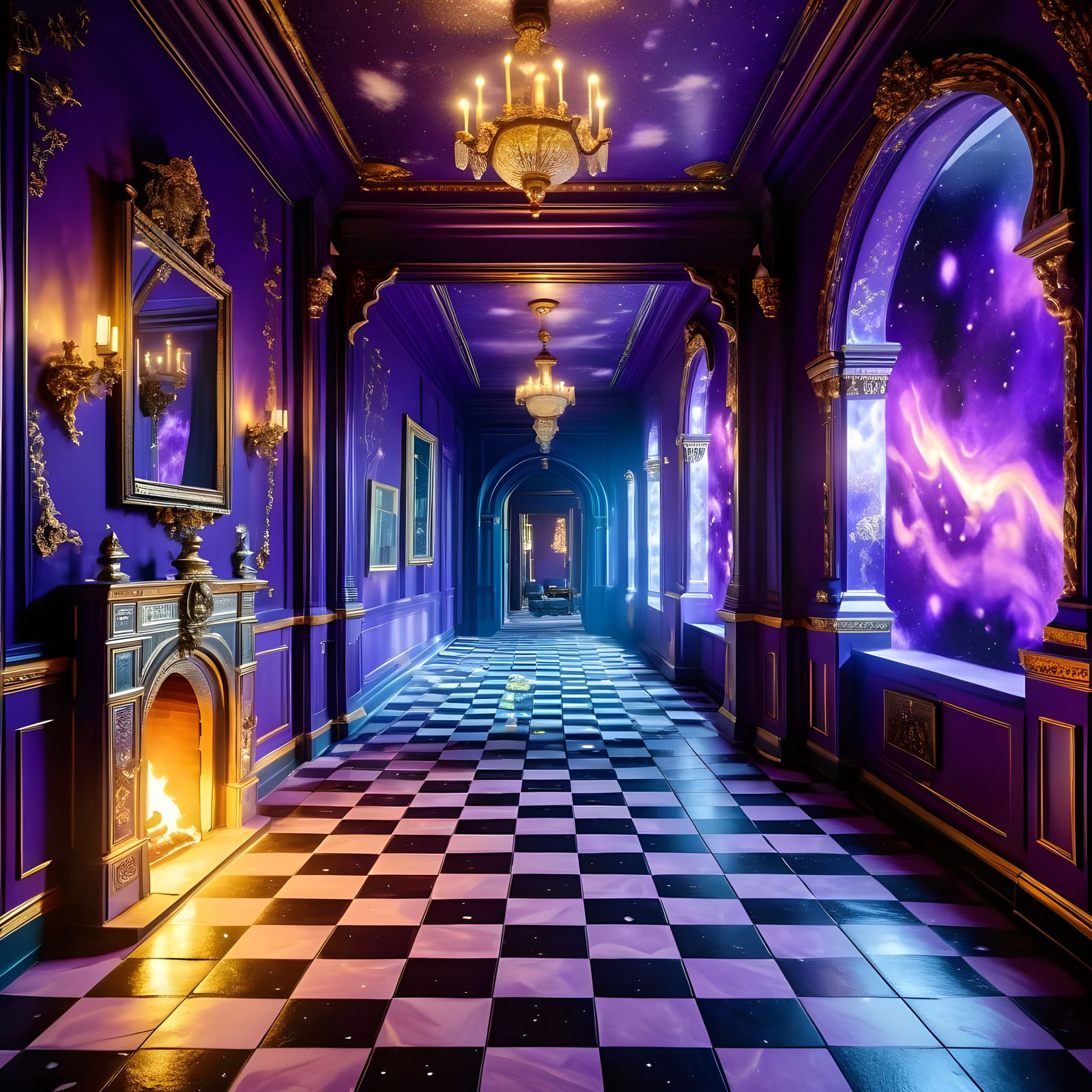 Ethereal Hallway with Celestial Fireplace