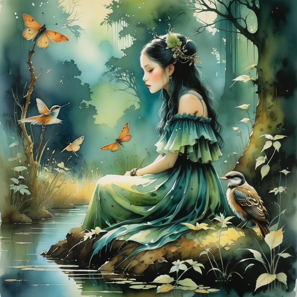 🫦 🌿 watercolor waif watching wildlife. Anne Bachelier,  Luis Royo, James R Eads,  Mark Ryden