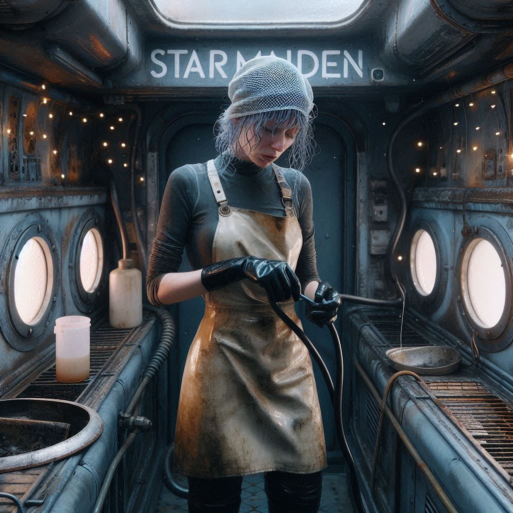 Ship's cook checking the hydroponics bay of an old spacefrei...