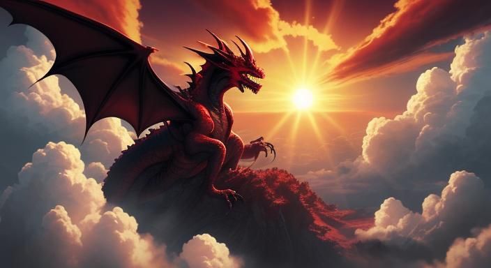 huge dragon in the clouds with sun shining on it  with huge ...
