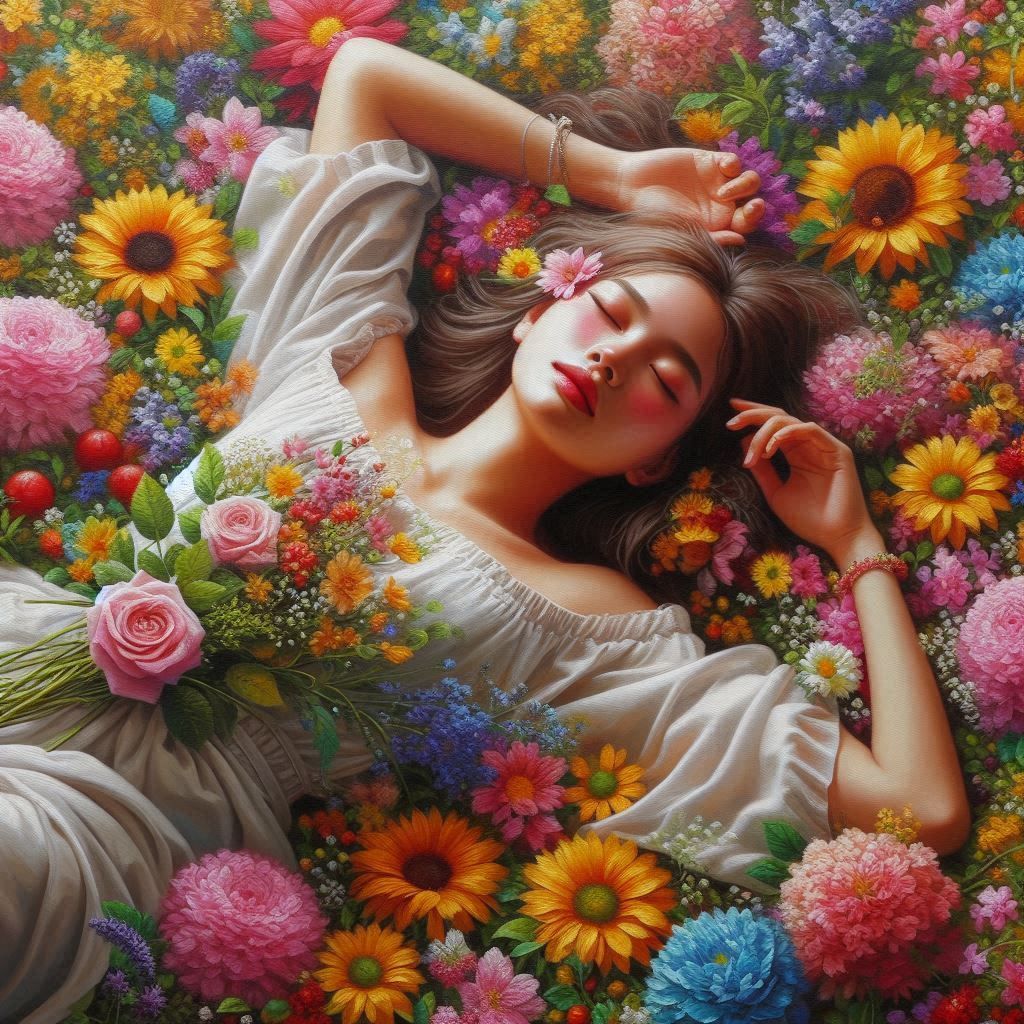 candid portrait of a woman surrounded with flowers.
