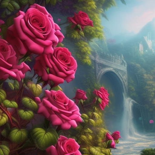 Roses beside a little waterfall  by @Malackion