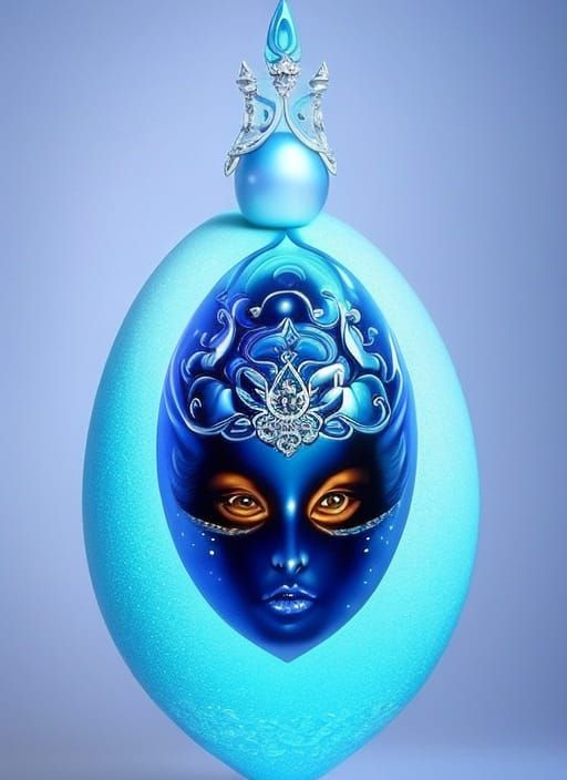 A blue alien sitting on an elaborate, shining egg - just humming along.