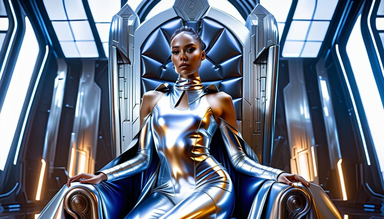 futuristic young lady in reflective silver royal latex cloth...