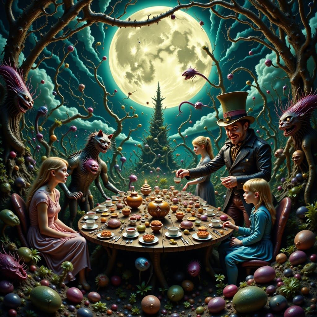 Gothic Realism Style with Dark Humor: Envision a darkly humorous scene where Alice, the Mad Hatter, and the Cheshire Cat sit at a long, twis...
