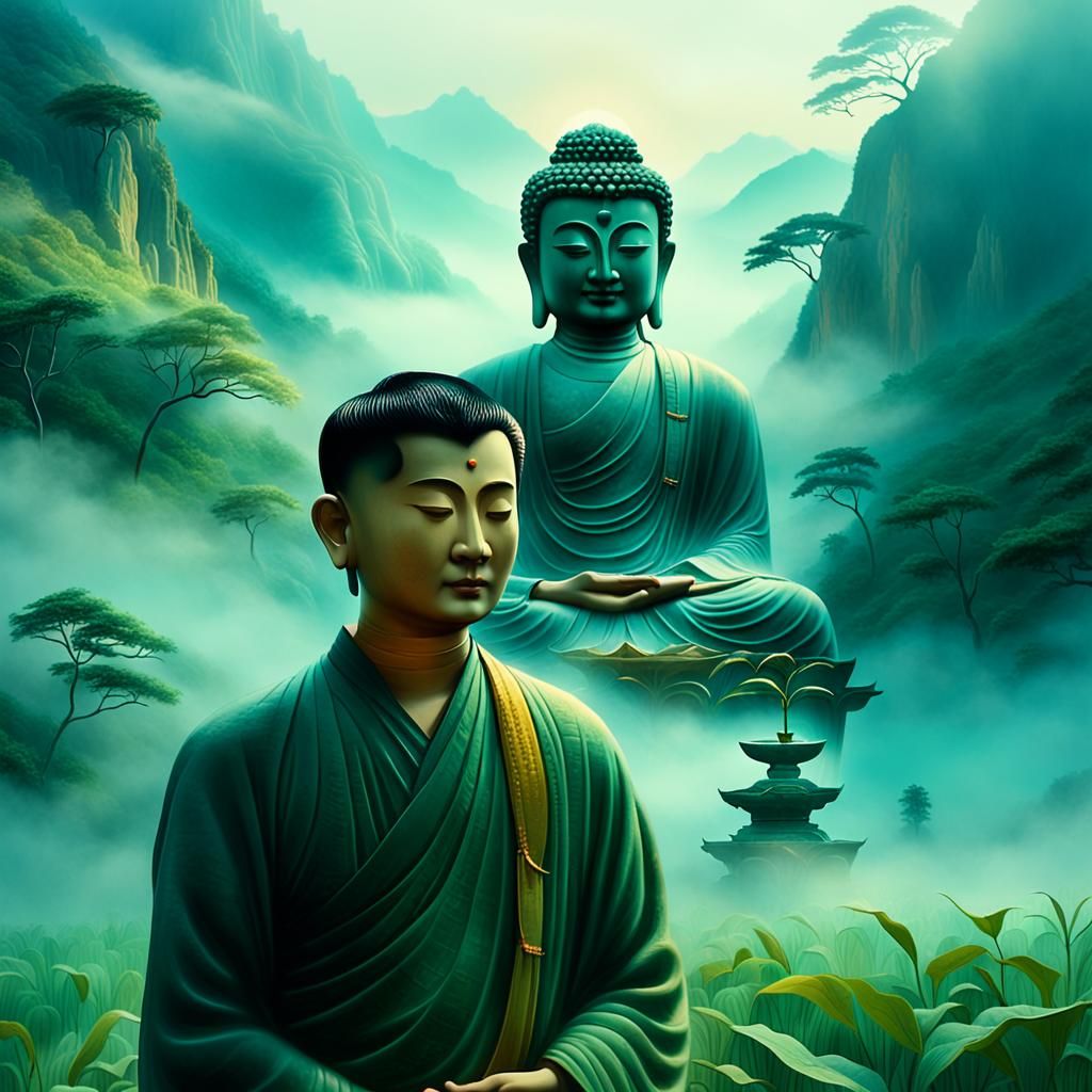Buddha and Subhuti in Misty Mountain Landscape