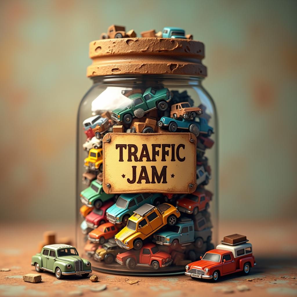 A jar filled with all different kinds of vehicles tiny little cars, trucks, with a label that says "traffic ...  by @Make me