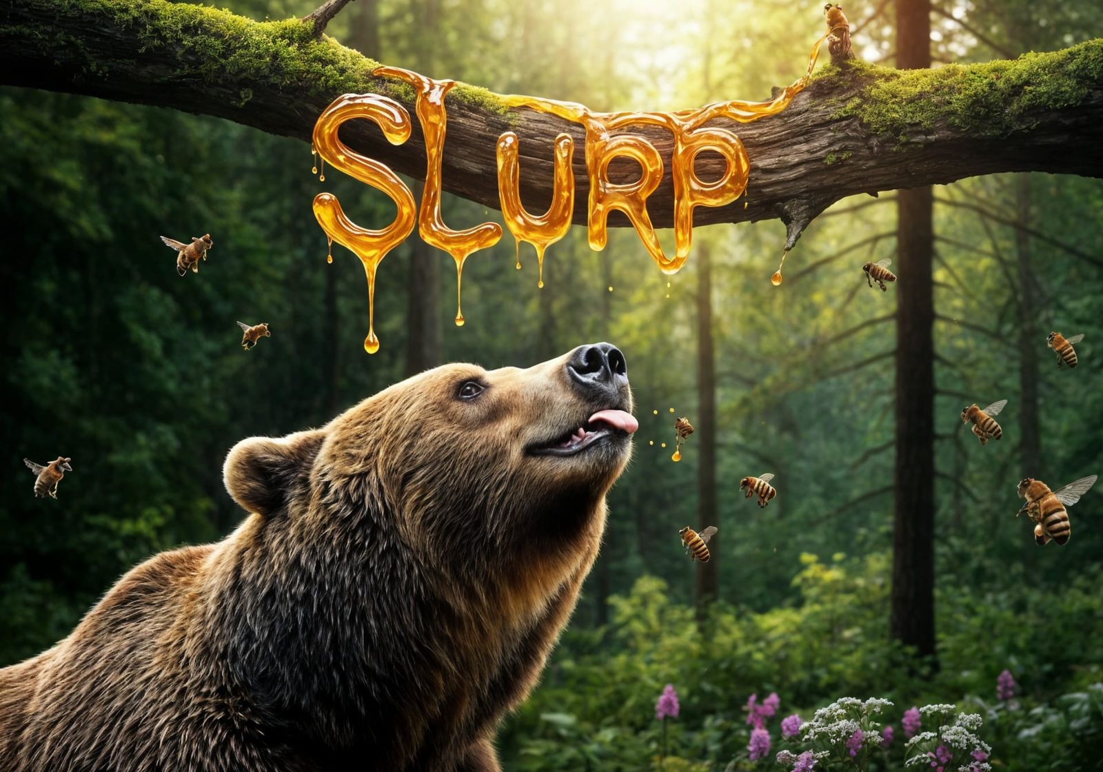 Hungry happy Bear "slurping" some honey!