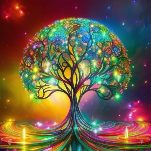 Colorful Cosmic Tree Of Day And Night - Ai Generated Artwork 