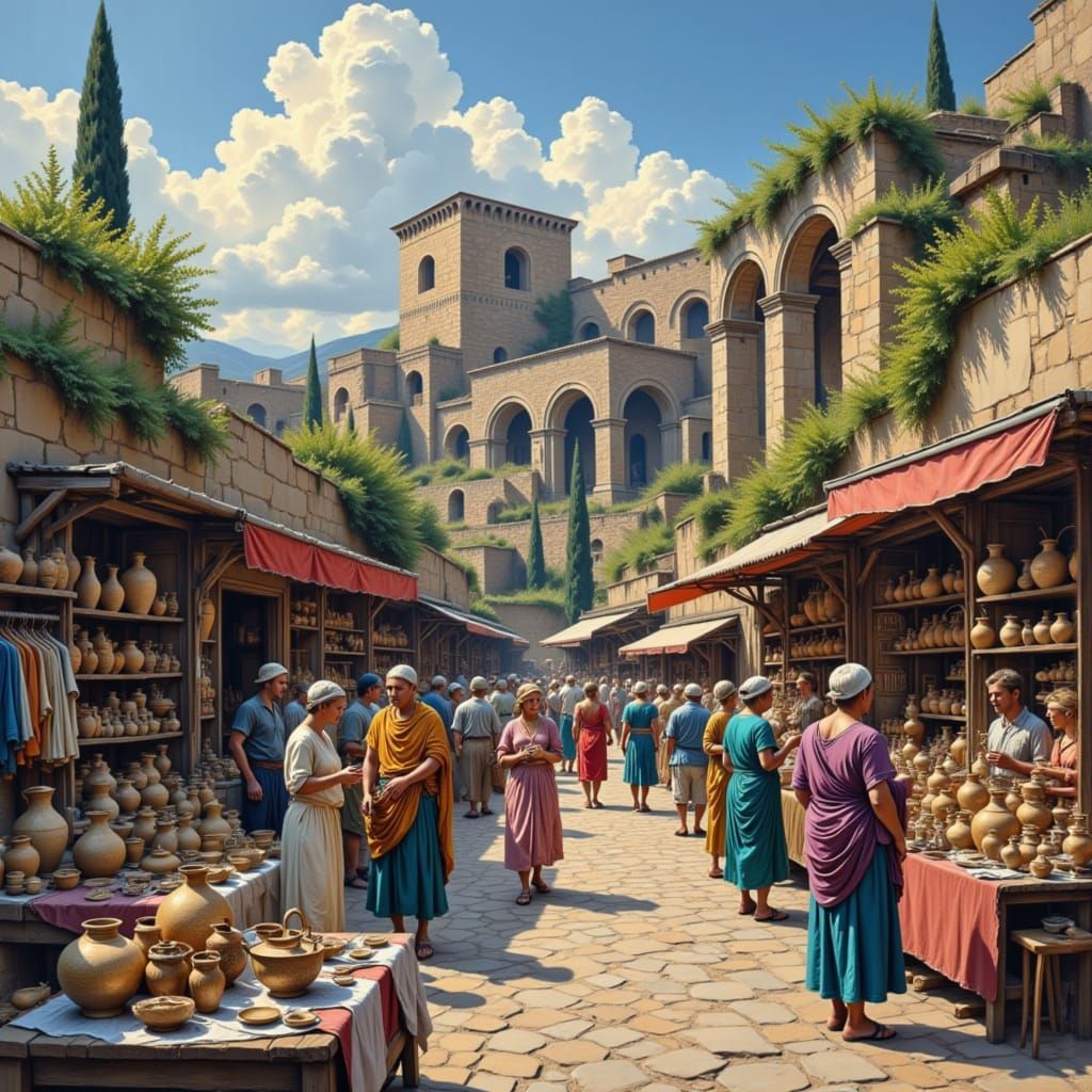 Bustling Roman Marketplace with Ancient Pottery in Impressio...