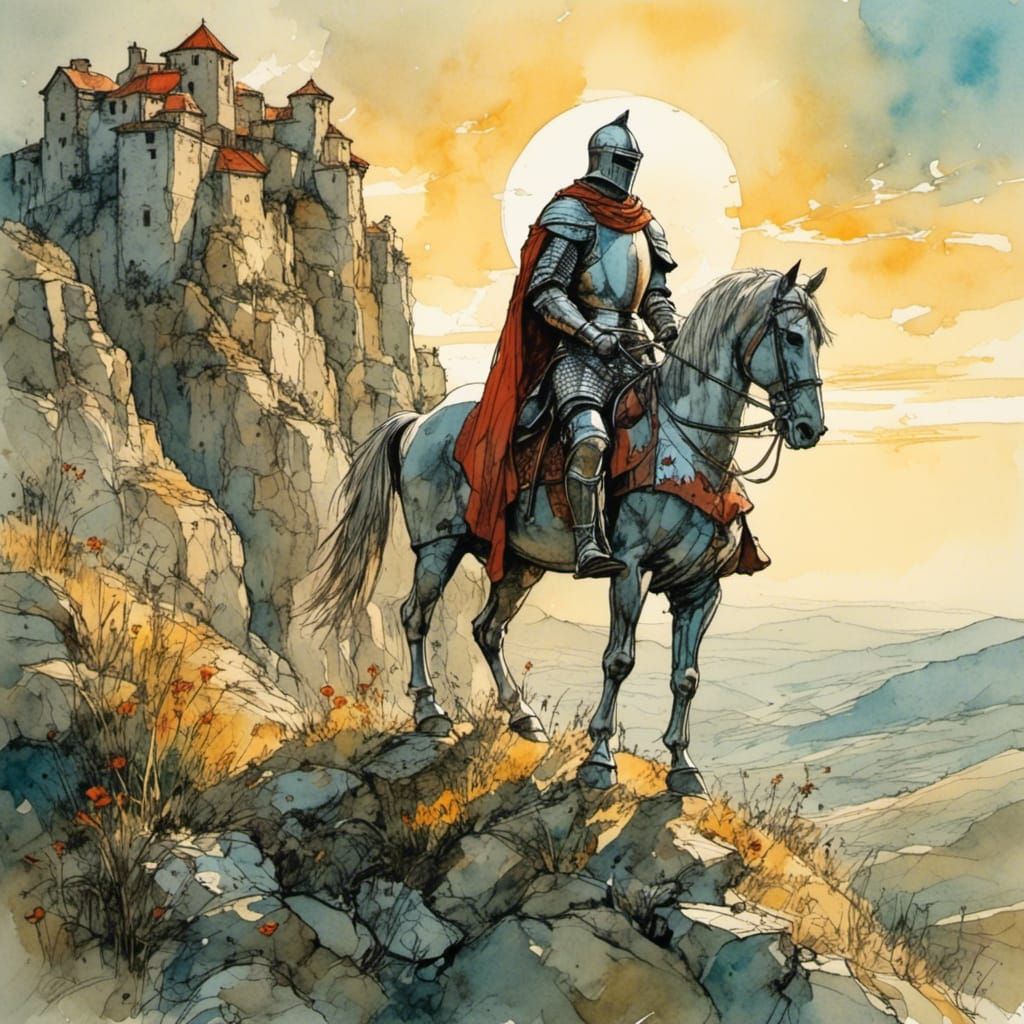  <lora:MMM:1.0> A medieval knight standing on a small hill looking off into the distance, the morning sun glinting off his armor