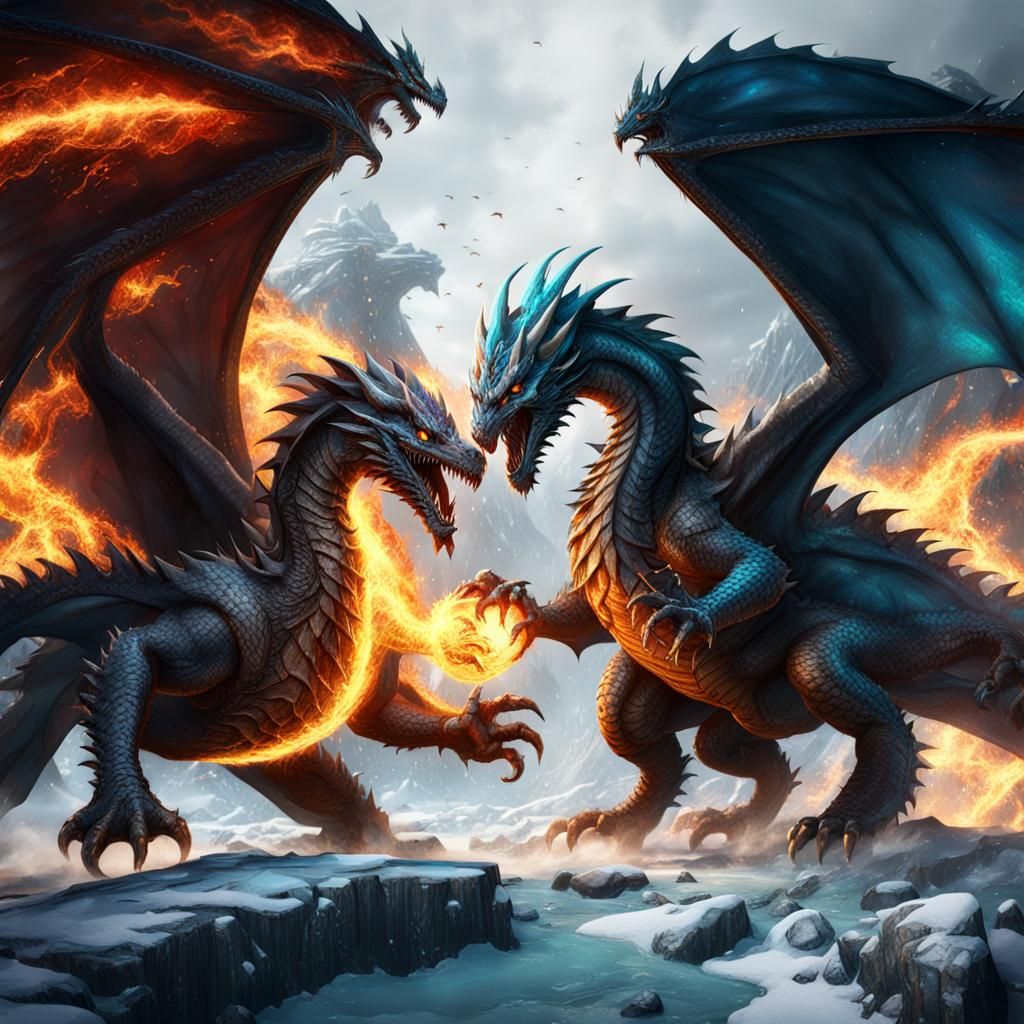 Fire dragon and ice dragon fighting