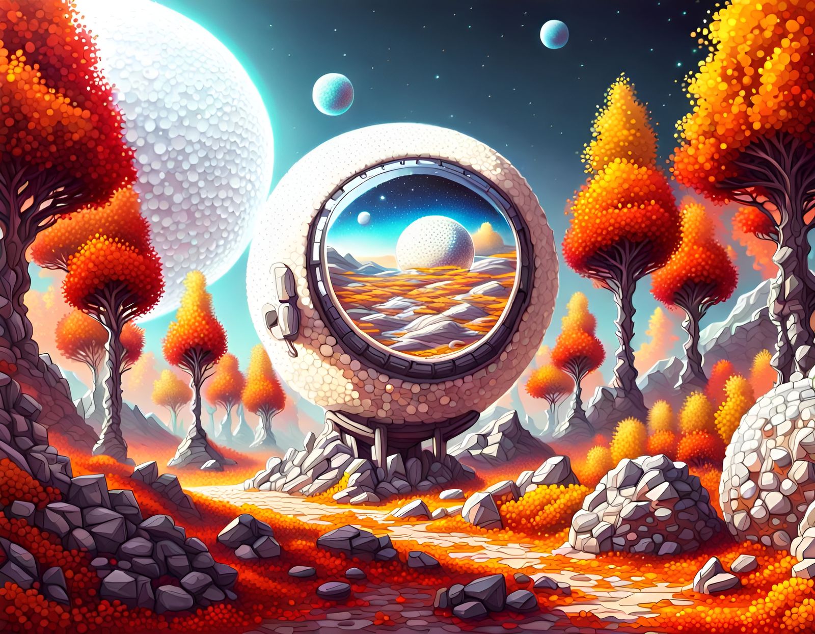 artistic style pointillism and cyberpunk. white spherical glass spacecraft. autumn scene on a rocky alien planet landsca...