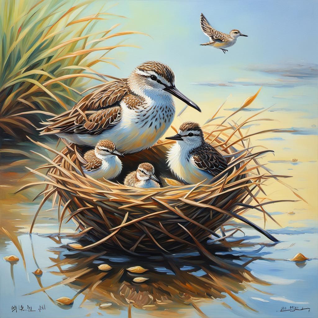 Baby Bird Feeding: Neo-Impressionist Oil Painting