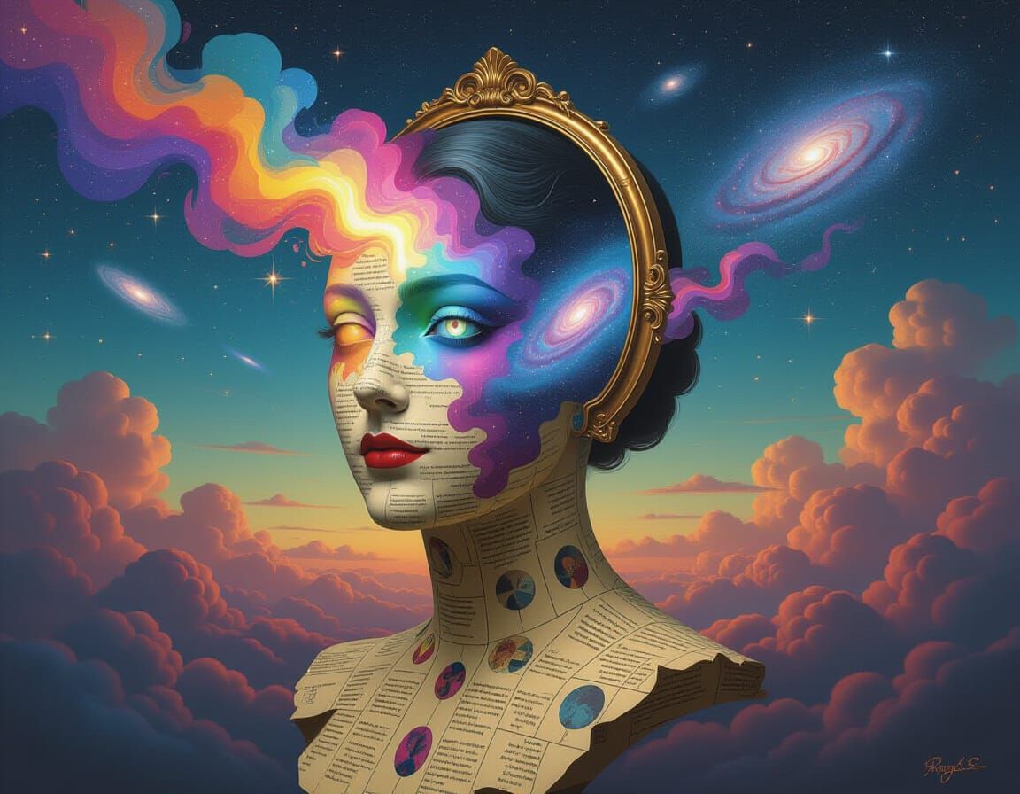 Surreal Self-Portrait With Mirror Head and Galaxy Eyes