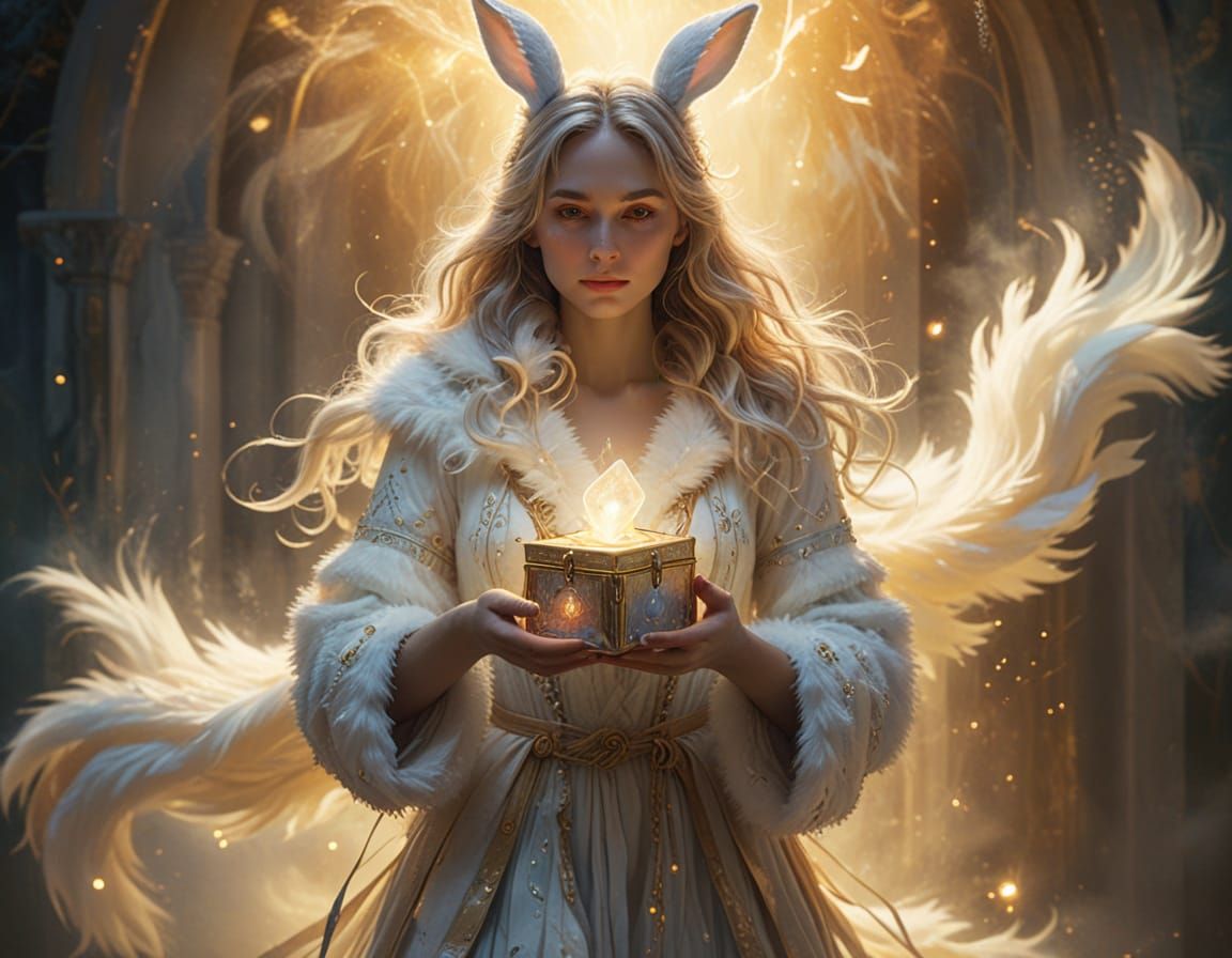 Rabbit holds on a magic box in her hand. 