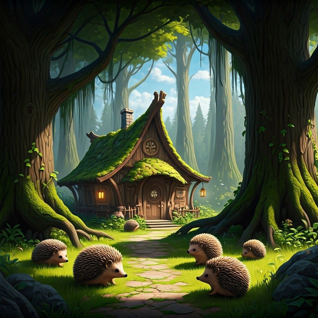 Whimsical Hedgehog Village in a Sunlit Forest Glade