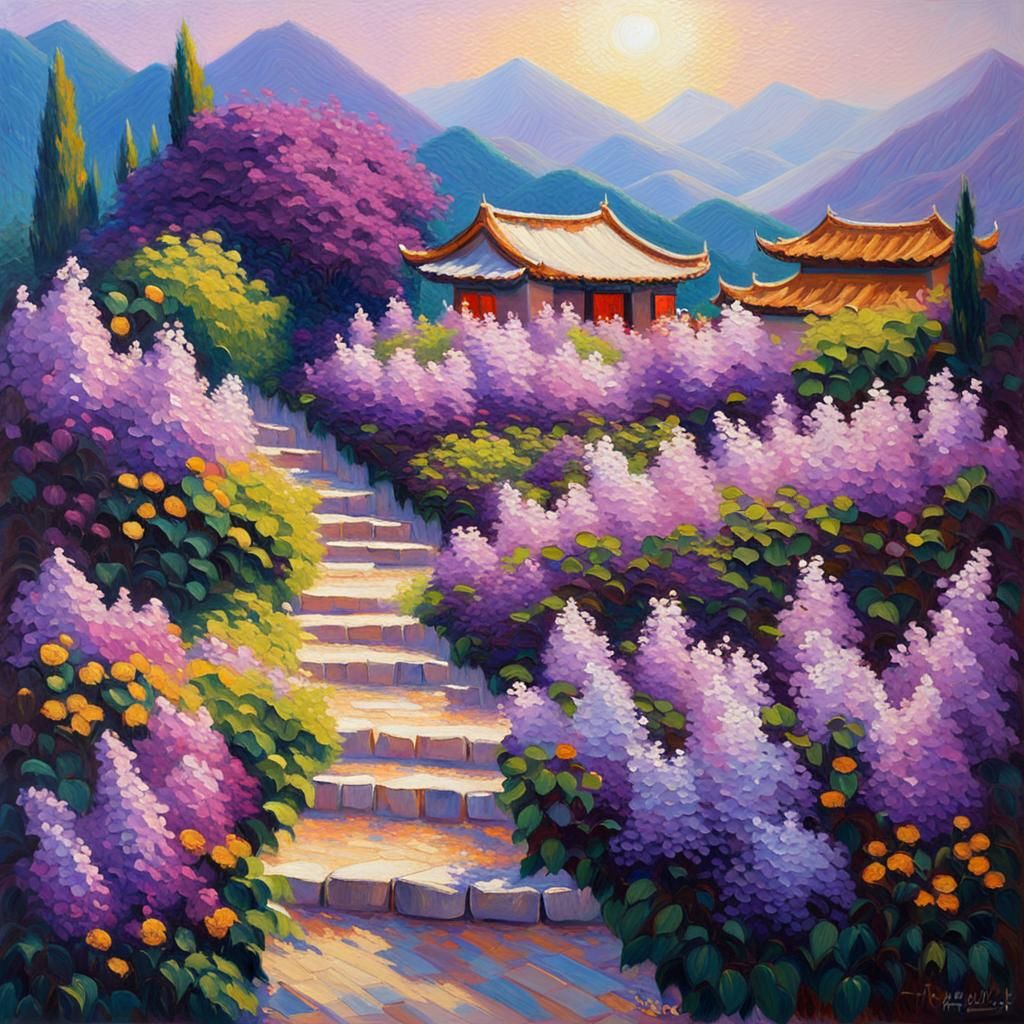 Purple Lilacs on Chinese Terraces: Neo-Impressionist Oil Pai...