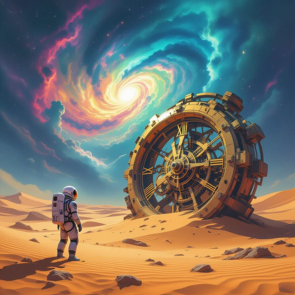 A lone astronaut discovering a colossal, intricate clockwork mechanism half-buried in the sands of an alien desert. The sky above is a swirl...