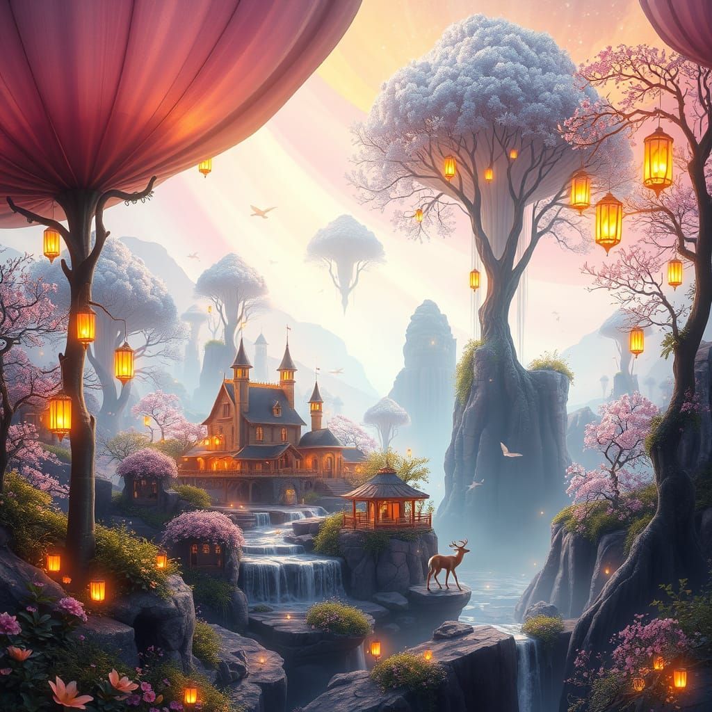 Dreamlike Fantasy Scene with Glowing Village and Fireflies