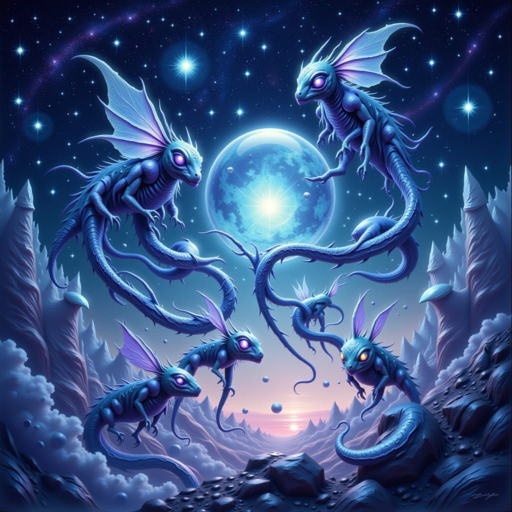 Watercolor painting. A serene interstellar meeting between two distinct alien civilizations, depicted as graceful, serpentine beings and cry...