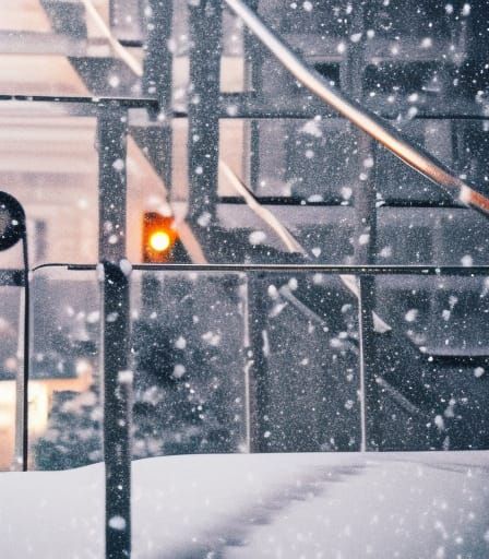 orange traffic light and stairs by the road in snowing winte...