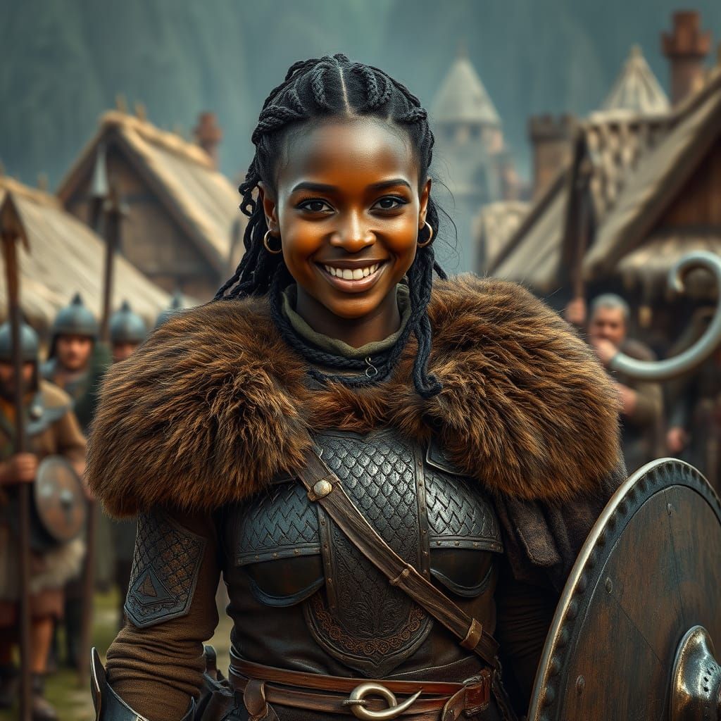 Smilling Beautiful dark skinned black woman with viking outfit , photo realistic, lifelike,   viking ...  by @ININI
