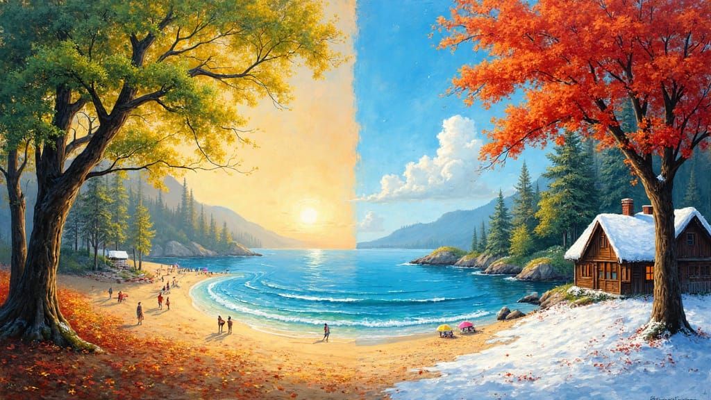 Create a captivating painting that reflects the passage of time through the changing seasons. The canvas should be divided into four quadran...