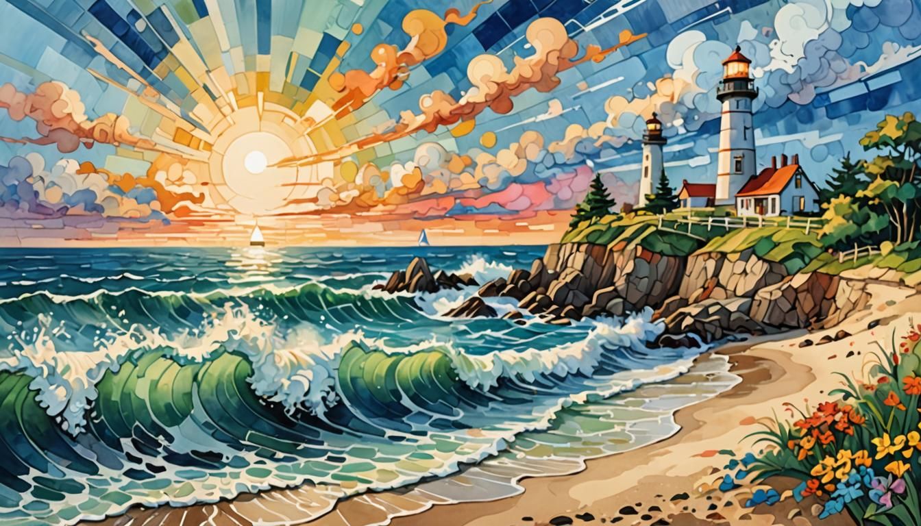 beach scene with lighthouse, abstract vector fractal, wave f...